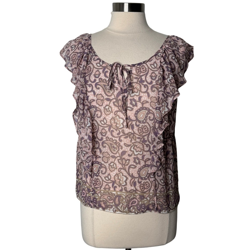 American Eagle Y2K Womens Sheer Paisley Ruffle Tie Neck Blouse Size Medium